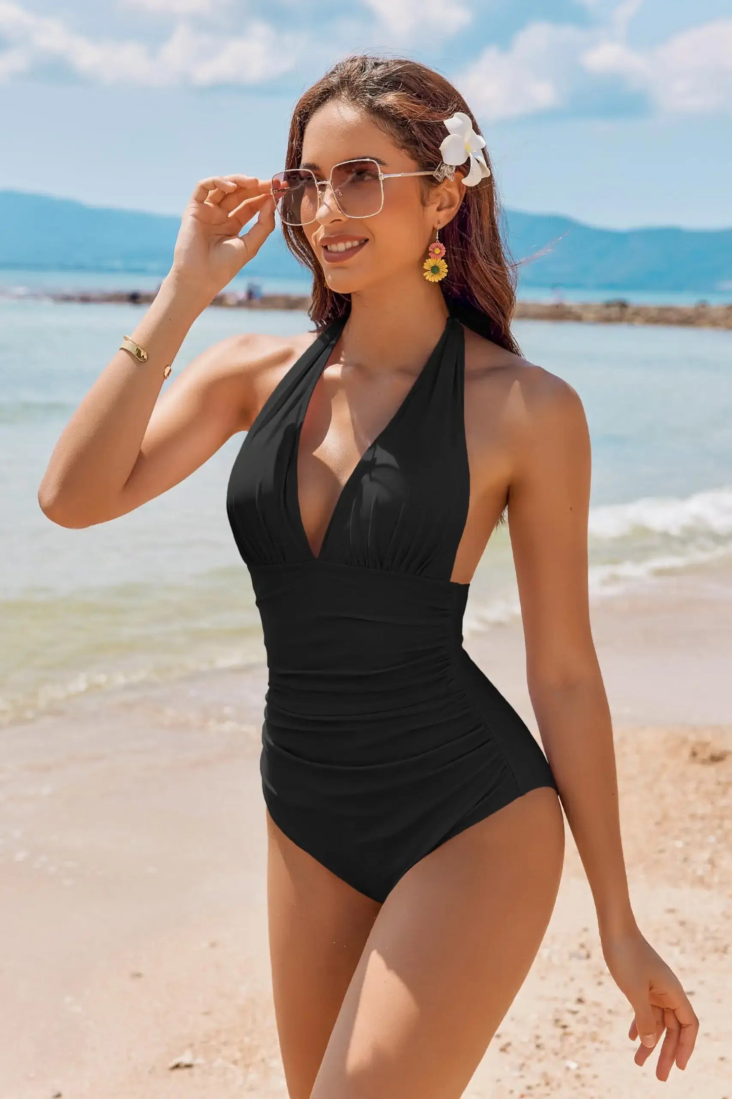 Sexy Slim V-Neck One-Piece Swimsuit for Women – Tummy Control, Waist Shaping, Beach Vacation Resort Swimwear