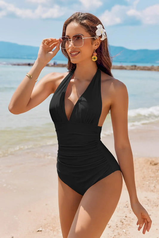 Sexy Slim V-Neck One-Piece Swimsuit for Women – Tummy Control, Waist Shaping, Beach Vacation Resort Swimwear