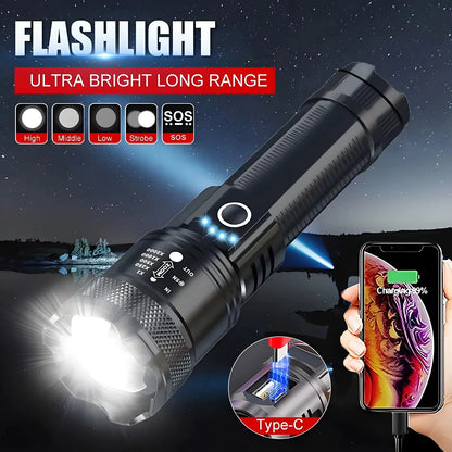 1PC Powerful LED Flashlight USB Rechargeable High Power Tactical Torch Ultra Flashlight With Power Display for Outdoor