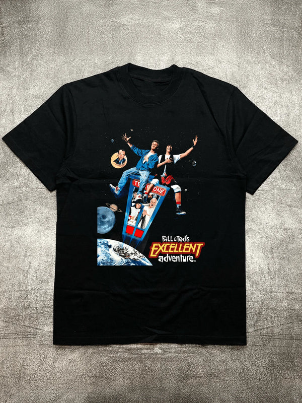 Men's Black Crew - Neck Short - Sleeve Cotton T - Shirt (200g) with "Bill & Ted's Excellent Adventure" Heat - Transfer Print