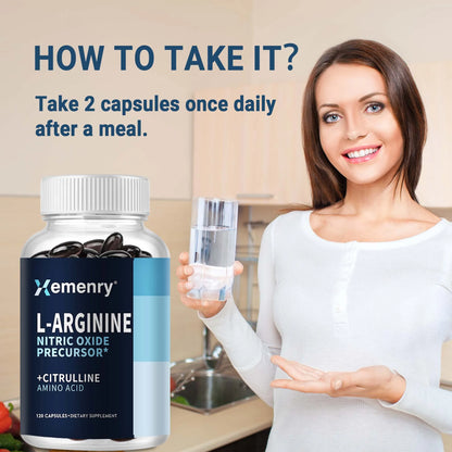 L-Arginine - Nitric Oxide Supplements, Strengthens Muscles, Improves Endurance, and Improves Blood Flow - 120 Capsules
