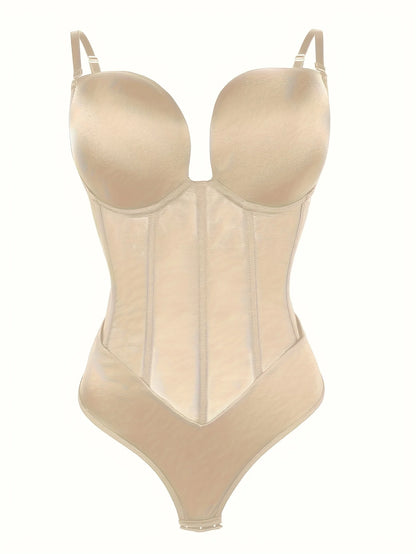 1pc Women's Slimming Shapewear Bodysuit - Deep V Neck, Tummy Control Waist Trainer, Elegant Nylon & Spandex Blend, Hand Washable