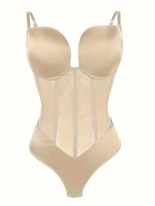 1pc Women's Slimming Shapewear Bodysuit - Deep V Neck, Tummy Control Waist Trainer, Elegant Nylon & Spandex Blend, Hand Washable
