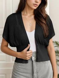 Women's Short Sleeve Crochet Cardigan Draped V Neck Cropped Top Shawl Sweater Hollow Beach Cover Up