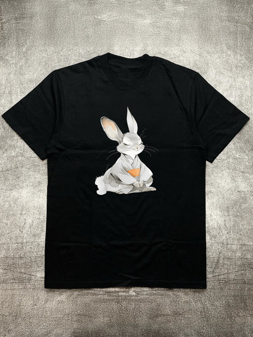 Men's Black 200G Heat Transfer Printed Crew Neck Short Sleeve T-Shirt - Meditating Rabbit Pattern