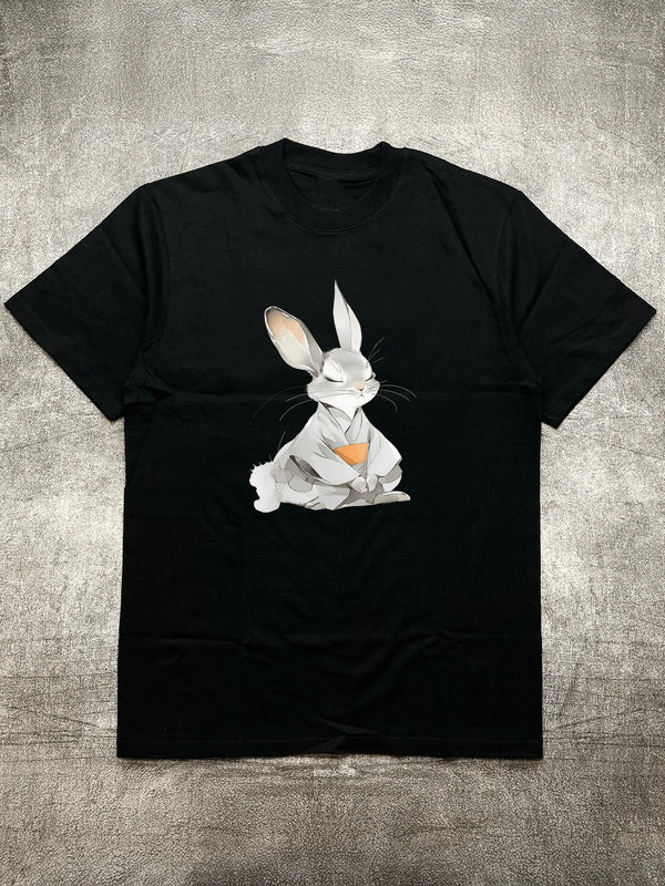 Men's Black 200G Heat Transfer Printed Crew Neck Short Sleeve T-Shirt - Meditating Rabbit Pattern