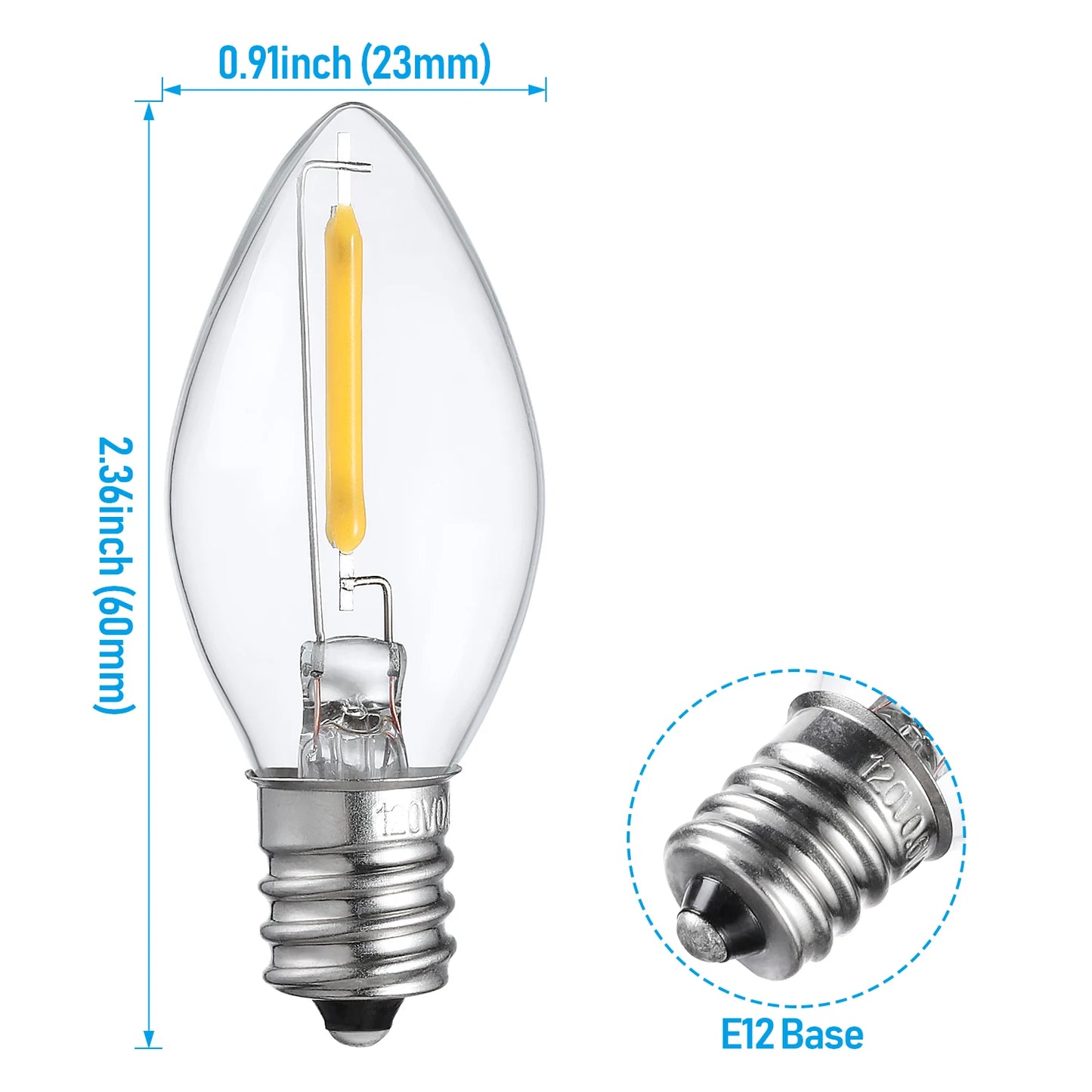 25-Pack C7 LED Christmas Light Bulb, 0.6W Clear Glass C7 Replacement Bulbs, 2700K Soft White, E12 Candelabra Base Night Light Bu