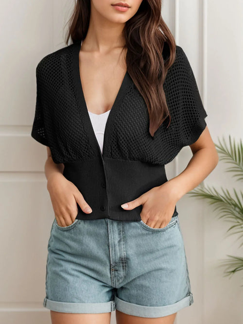 Women's Short Sleeve Crochet Cardigan Draped V Neck Cropped Top Shawl Sweater Hollow Beach Cover Up