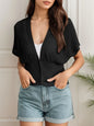 Women's Short Sleeve Crochet Cardigan Draped V Neck Cropped Top Shawl Sweater Hollow Beach Cover Up