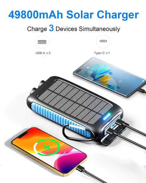 49000mAh Solar Power Bank Portable Charger with Dual USB, Fast Charging, Waterproof, LED for Outdoor Camping Phones Tablets