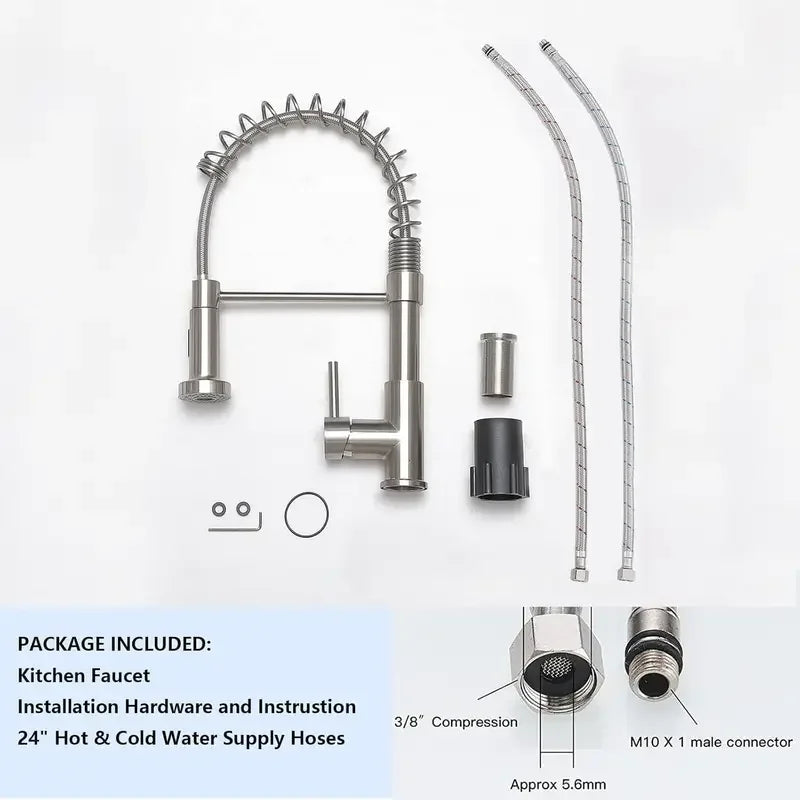 Commercial Brushed Nickel Kitchen Faucet with Pull Down Sprayer, Modern Stainless Steel Single Handle Spring Kitchen Faucets