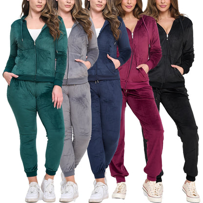 2-Piece Women's Velour Velvet Super Stretch Solid Bundle Set Zip Up Long Sleeve Hoodie Tracksuit with Pockets & Pants