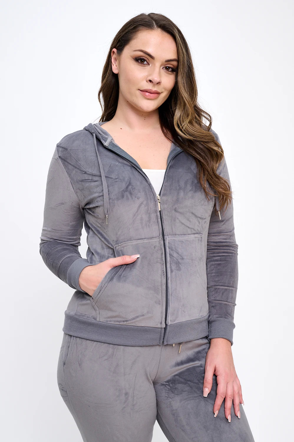 2-Piece Women's Velour Velvet Super Stretch Solid Bundle Set Zip Up Long Sleeve Hoodie Tracksuit with Pockets & Pants