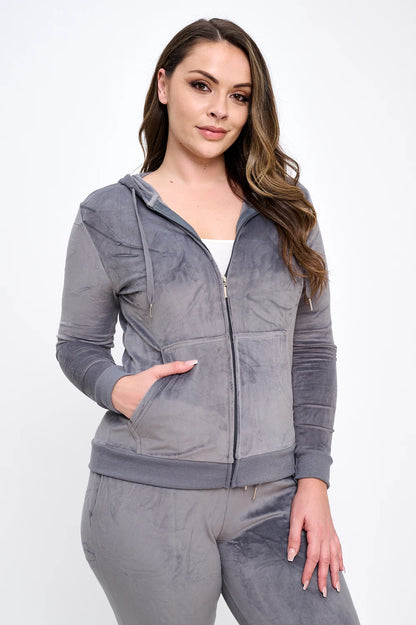 2-Piece Women's Velour Velvet Super Stretch Solid Bundle Set Zip Up Long Sleeve Hoodie Tracksuit with Pockets & Pants
