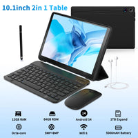 A10L 10 Inch Tablet Android 14 12GB RAM 64GB ROM 1TB Expand WiFi6 Face Unlock HD IPS Screen Keyboard Mouse Stylus With Pick Bag