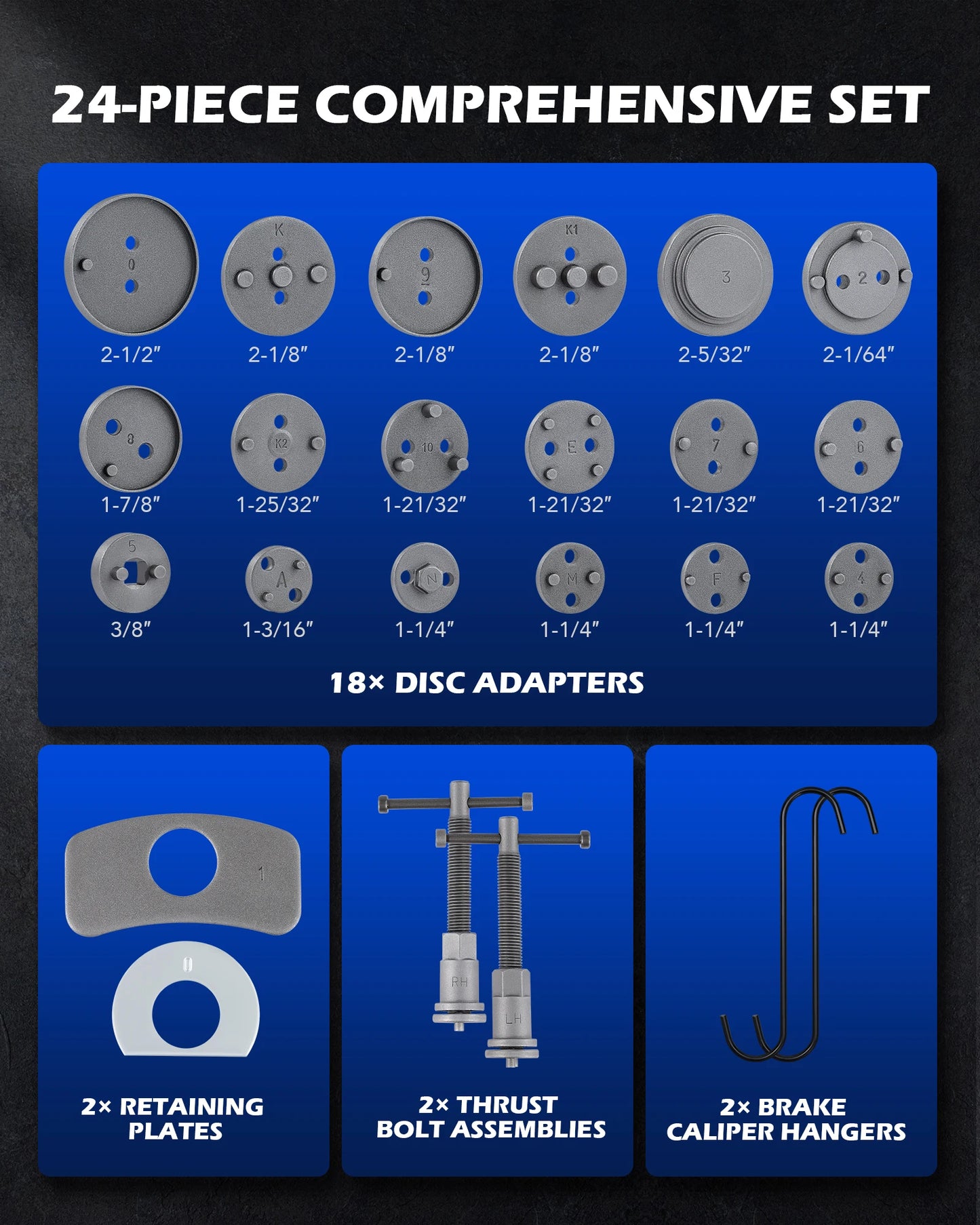 OMT 24Pcs Universal Disc Brake Caliper Tool Piston Pad Wind Back Hand Kit W/ Hooks Compressor Tool Kit Heavy Duty Wind Back Set