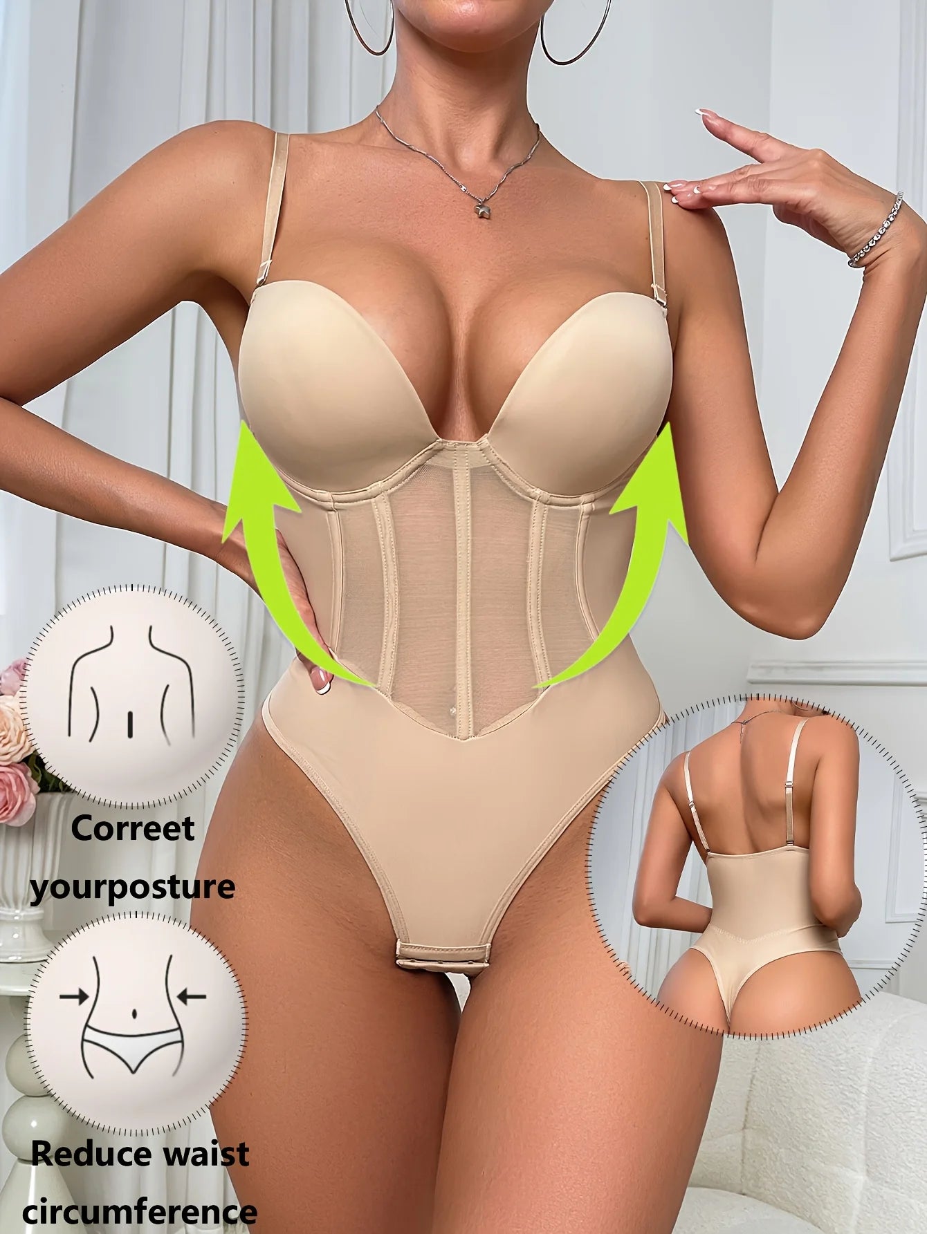 1pc Women's Slimming Shapewear Bodysuit - Deep V Neck, Tummy Control Waist Trainer, Elegant Nylon & Spandex Blend, Hand Washable