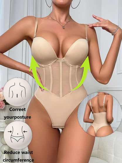 1pc Women's Slimming Shapewear Bodysuit - Deep V Neck, Tummy Control Waist Trainer, Elegant Nylon & Spandex Blend, Hand Washable