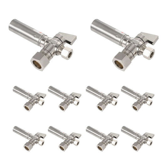 10 Pcs 1/4 Turn Stop Angle Valve, 1/2" Nominal (5/8" OD) Compression x 3/8" OD With Stainless Steel Water Hammer Arrestor, Chrome Plated Brass