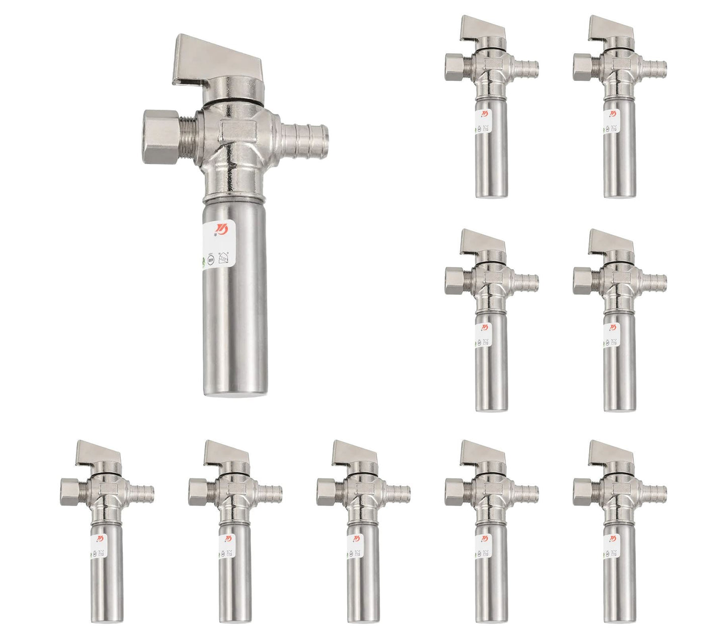 10 Pcs 1/4 Turn Stop Straight Valve, 1/2" Barb Crimp PEX x 3/8" OD With Stainless Steel Water Hammer Arrestor Chrome Plated Brass