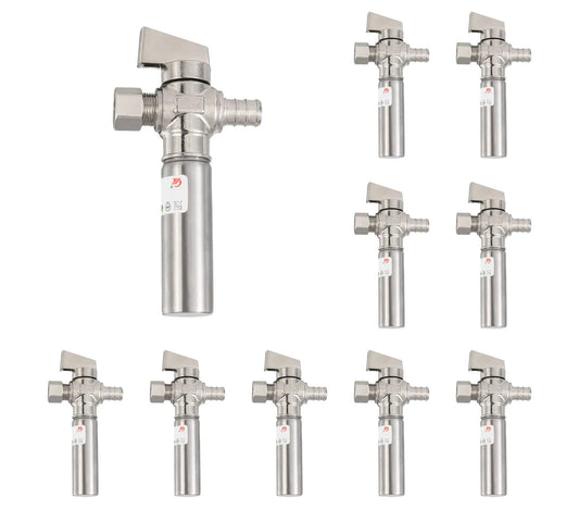 10 Pcs 1/4 Turn Stop Straight Valve, 1/2" Barb Crimp PEX x 3/8" OD With Stainless Steel Water Hammer Arrestor Chrome Plated Brass
