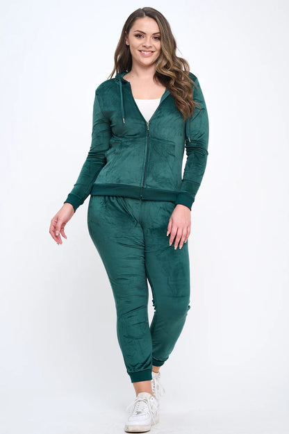 2-Piece Women's Velour Velvet Super Stretch Solid Bundle Set Zip Up Long Sleeve Hoodie Tracksuit with Pockets & Pants