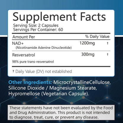 NAD + Resveratrol - Anti-aging, Helps Boost Energy, Promotes Cell and Skin Health - 120 Capsules