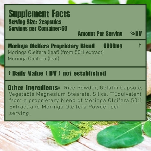 Moringa Capsules 6000mg - Support Healthy Energy Levels, Weight Management, Healthy Joints, Antioxidants - 120 Capsules