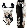 Elegant Floral Print Swimsuit Set: Tie Straps, Matching Sarong Included, Showcasing Romantic Beach Vibes