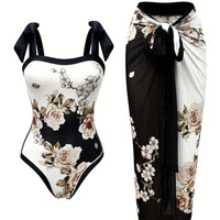 Elegant Floral Print Swimsuit Set: Tie Straps, Matching Sarong Included, Showcasing Romantic Beach Vibes