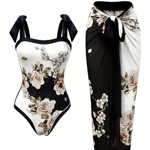 Elegant Floral Print Swimsuit Set: Tie Straps, Matching Sarong Included, Showcasing Romantic Beach Vibes