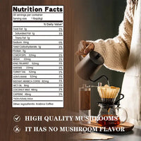 Nutrition facts for Organic Mushroom Coffee showing ingredients like shiitake, cordyceps, and their benefits.