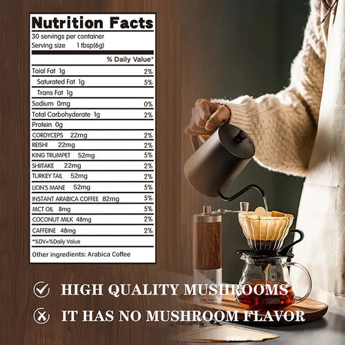 Nutrition facts for Organic Mushroom Coffee showing ingredients like shiitake, cordyceps, and their benefits.
