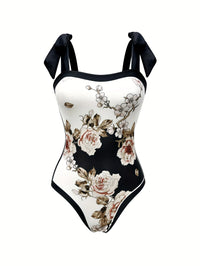 Elegant Floral Print Swimsuit Set: Tie Straps, Matching Sarong Included, Showcasing Romantic Beach Vibes