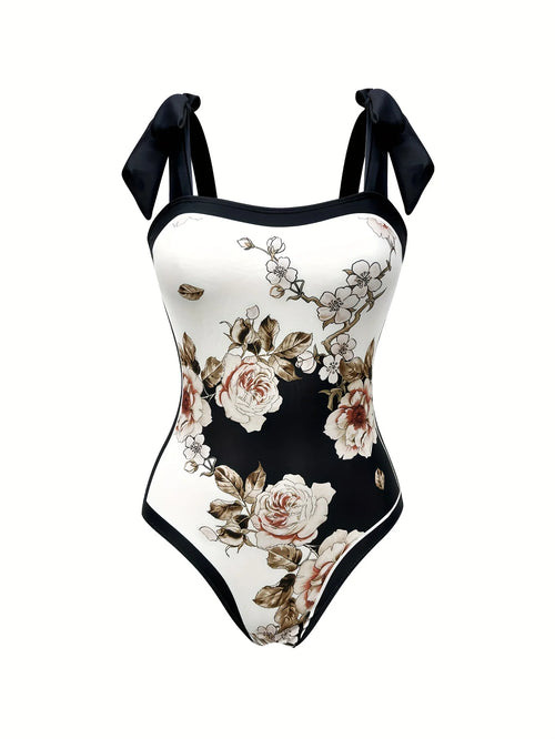 Elegant Floral Print Swimsuit Set: Tie Straps, Matching Sarong Included, Showcasing Romantic Beach Vibes