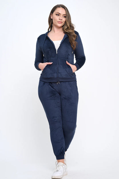 2-Piece Women's Velour Velvet Super Stretch Solid Bundle Set Zip Up Long Sleeve Hoodie Tracksuit with Pockets & Pants