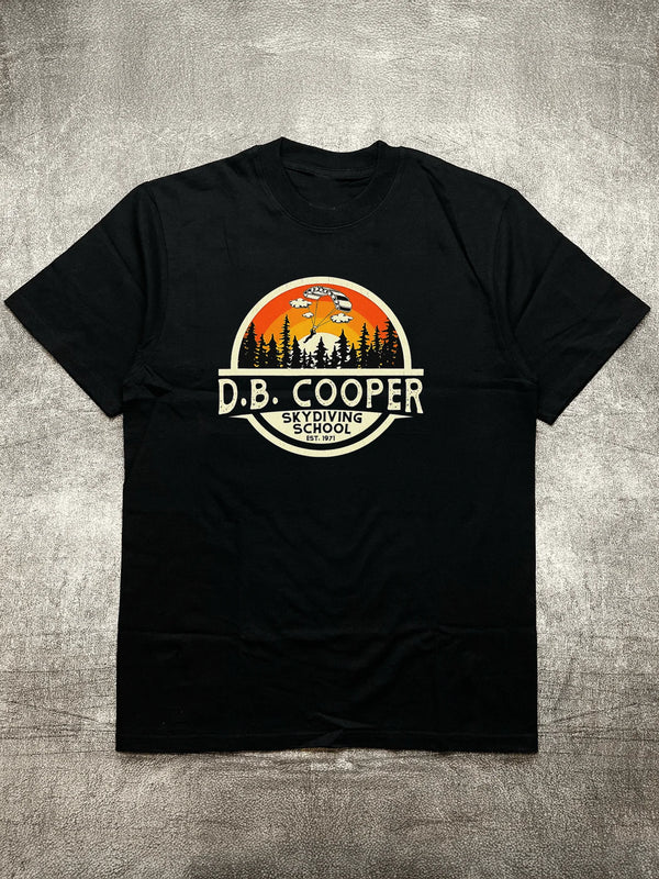 Men's Black Crew - Neck Short - Sleeve Cotton T - Shirt (200g) with D. B. Cooper Skydiving School Heat - Transfer Print
