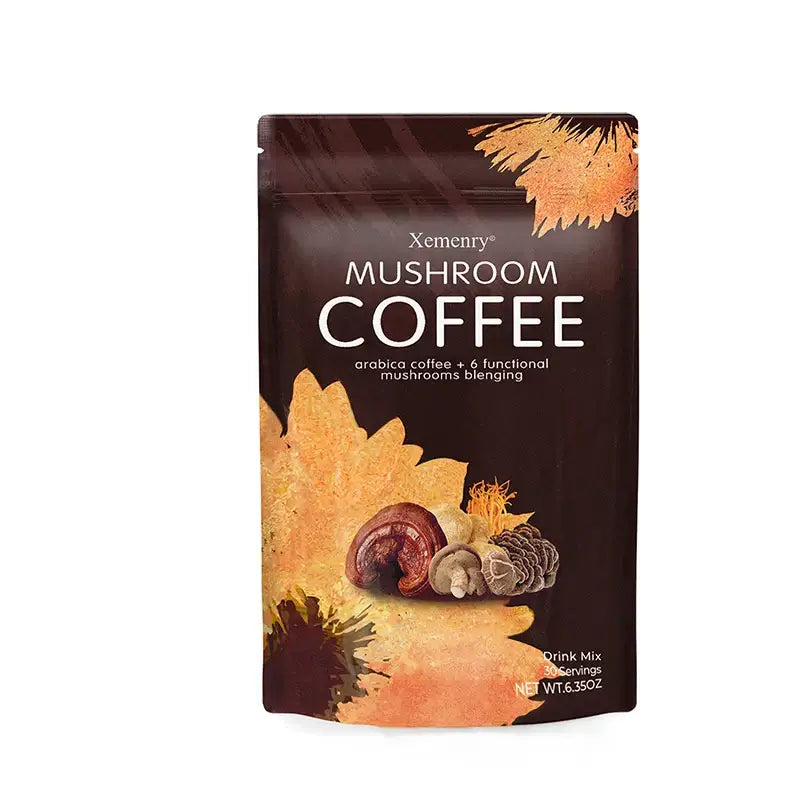 Xemenry Mushroom Coffee bag featuring arabica coffee and functional mushrooms in autumn design.