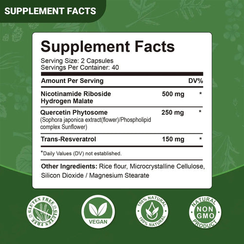 Nicotinamide Riboside + Resveratrol - Quercetin, High Purity NAD Supplement - 80 Capsules EzBuyCo