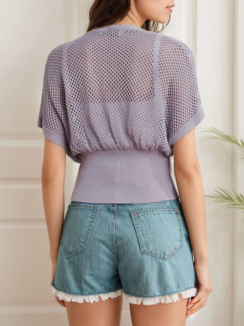 Women's Short Sleeve Crochet Cardigan Draped V Neck Cropped Top Shawl Sweater Hollow Beach Cover Up