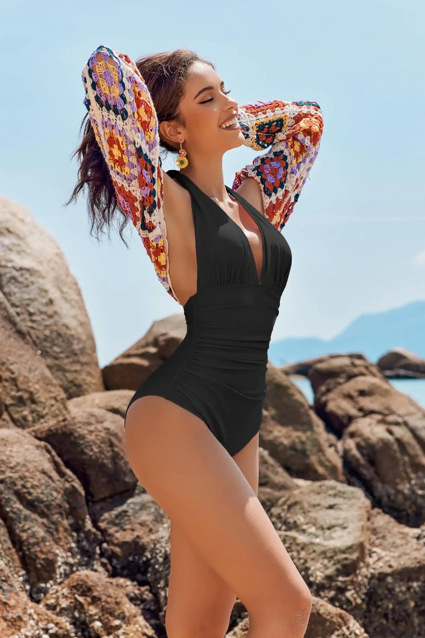 Sexy Slim V-Neck One-Piece Swimsuit for Women – Tummy Control, Waist Shaping, Beach Vacation Resort Swimwear