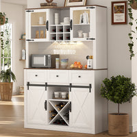 VOWNER Farmhouse Bar Cabinet with Sliding Barn Door, Sideboard Buffet Cabinet with Wine & Glasses Rack, Storage Cabinet for Kitc