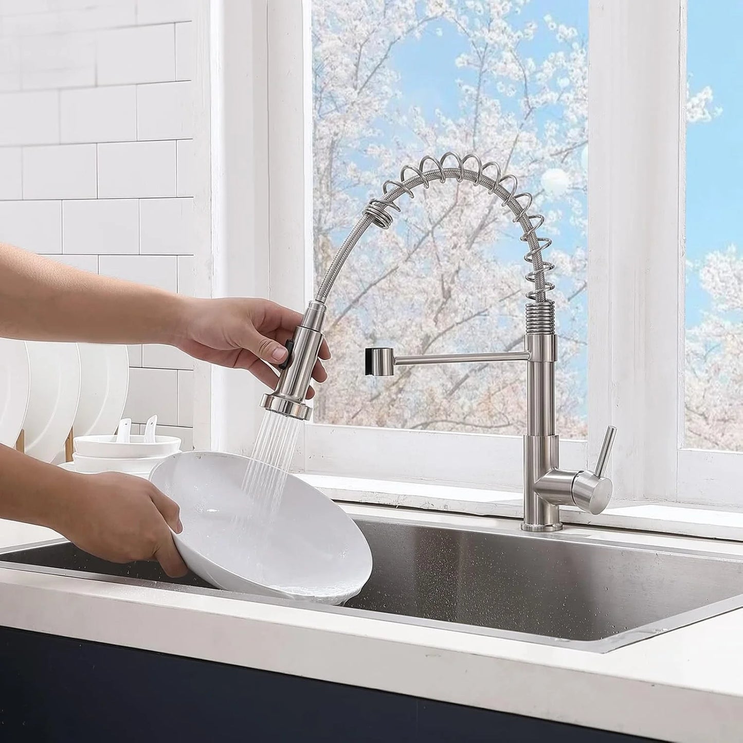 Commercial Brushed Nickel Kitchen Faucet with Pull Down Sprayer, Modern Stainless Steel Single Handle Spring Kitchen Faucets