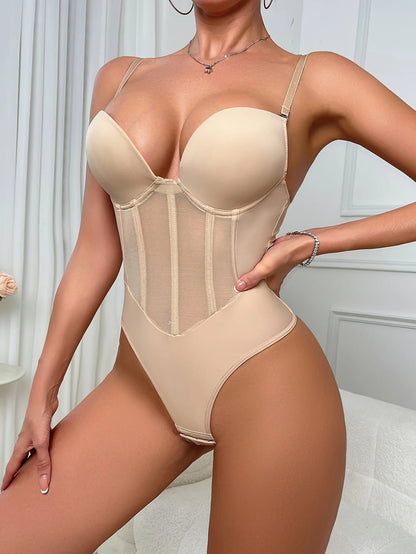 1pc Women's Slimming Shapewear Bodysuit - Deep V Neck, Tummy Control Waist Trainer, Elegant Nylon & Spandex Blend, Hand Washable
