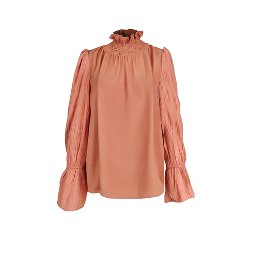 Casual Base Layer Turtleneck Top Light Luxury Lantern Sleeves Long Sleeves Folds Woman Clothes T-shirts Fashion Party Tops