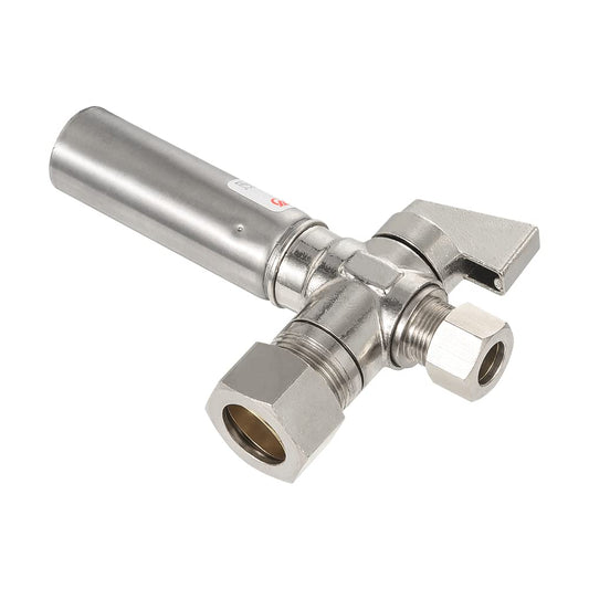 1/4 Turn Stop Angle Valve, 1/2" Nominal (5/8" OD) Compression x 3/8" OD With Stainless Steel Water Hammer Arrestor, Chrome Plated Brass