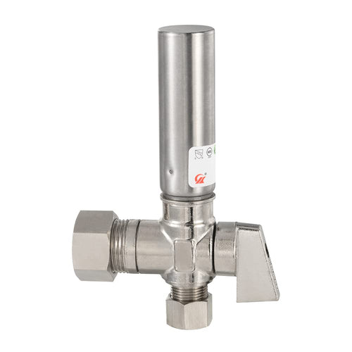 1/4 Turn Stop Angle Valve, 1/2" Nominal (5/8" OD) Compression x 3/8" OD With Stainless Steel Water Hammer Arrestor, Chrome Plated Brass Plumbingsell
