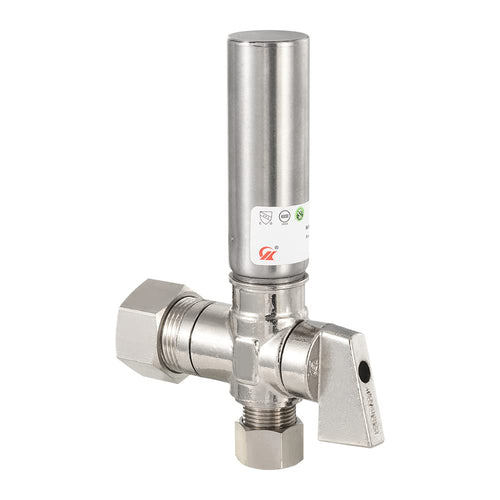 1/4 Turn Stop Angle Valve, 1/2" Nominal (5/8" OD) Compression x 3/8" OD With Stainless Steel Water Hammer Arrestor, Chrome Plated Brass Plumbingsell