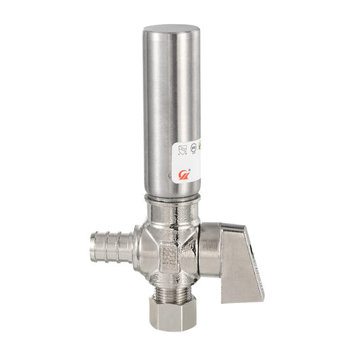 1/4 Turn Stop Angle Valve, 1/2" Barb Crimp PEX x 3/8" OD With Stainless Steel Water Hammer Arrestor, Chrome Plated Brass Plumbingsell
