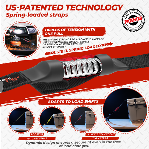 TorkStrap M500 | 14'x1'' Spring Loaded Tie Down Straps - Adapts to Load Shifts - 1500lbs Max Load - Just Pull Alternative to Ratchet Straps with Hooks - For Securing Motorcycles, Kayaks, ATVs TorkStrap